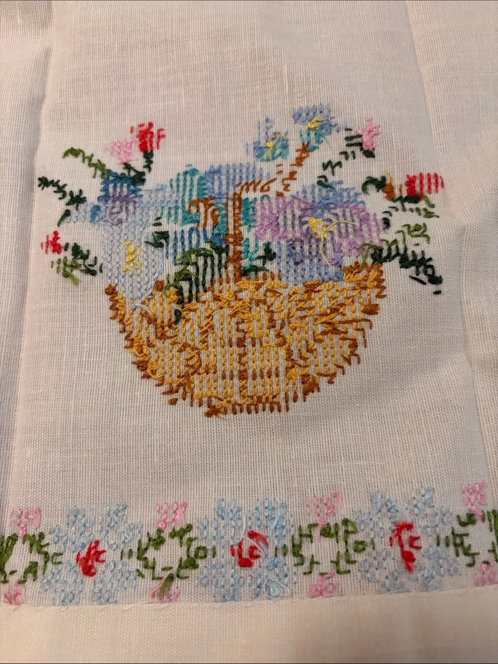 Vintage Linen Towels - Cross Stitch Flower Basket- Set/2 - Pink & Blue